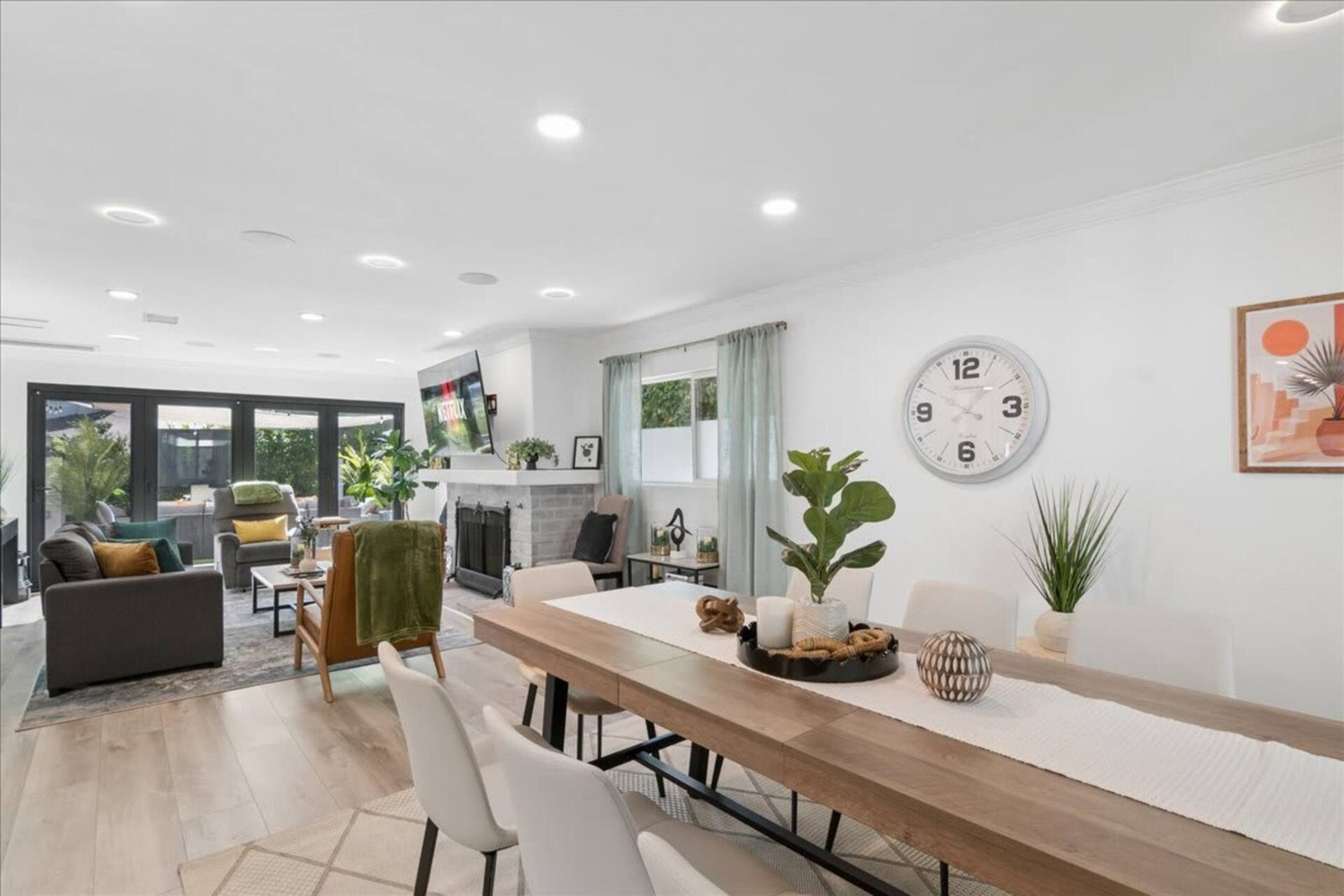 Long dining table in the open-plan living space